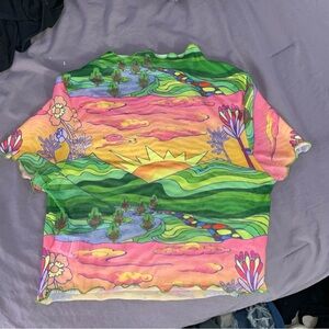 Multicolor mesh crop top with sun and rainbow design